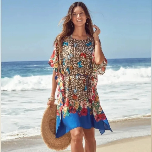 Johnny Was FLEUR KAFTAN DRESS WITH BRAIDED TIE leopard print with butterfly’s - Picture 3 of 14